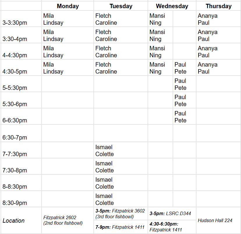 TA Office Hours for CS250